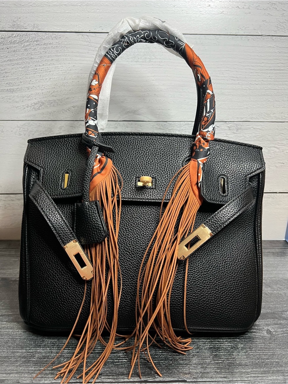 Black Leather Satchel with Orange Fringe and Twill-Handle Wrap